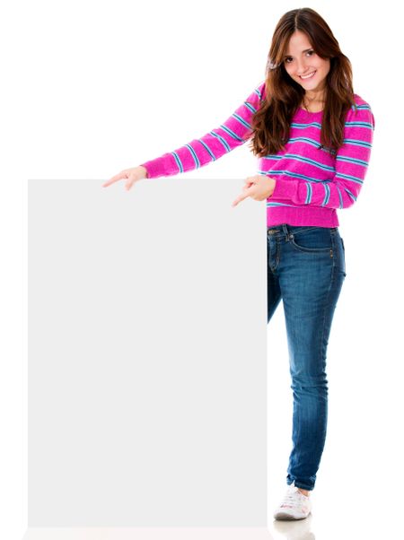 Casual woman holding a banner - isolated over a white background