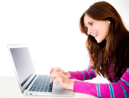 Woman with a laptop computer - isolated over a white background