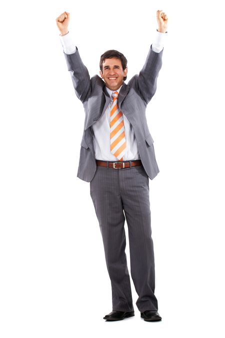business man standing with his arms up representing his success isolated over a white background