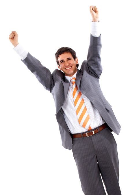 business man with his arms up representing his success isolated over a white background