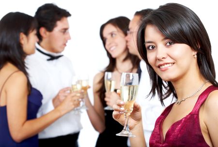 happy friends at a party drinking champagne isolated over a white background