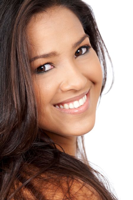 beautiful woman girl smiling isolated over a white background