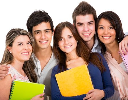 Happy group of students smiling - isolated over a white background