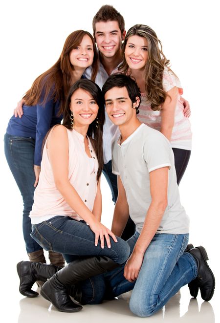 Happy group of friends smiling - isolated over a white background