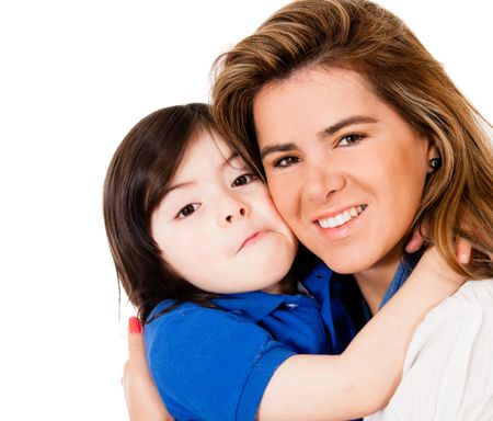 Loving mother and son - isolated over a white background