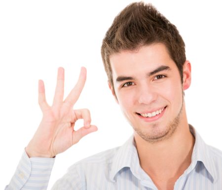 Man doing an ok sign - isolated over a white background