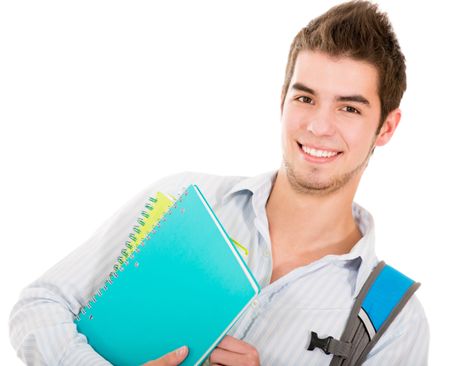 Happy male student holding notebooks - isolated over a white background