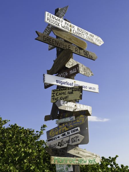 Multidirectional signpost by a beach near Sarasota, Florida