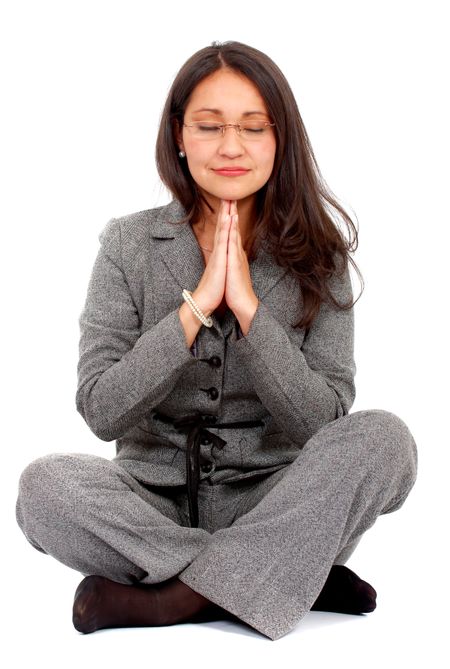 business woman doing yoga isolated over a white background