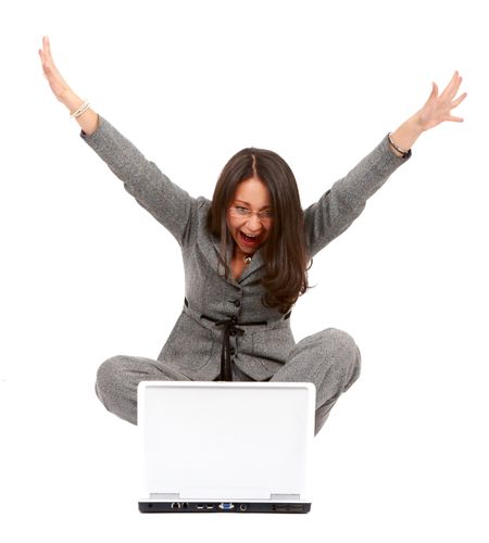 business woman having success online on her laptop isolated over a white background