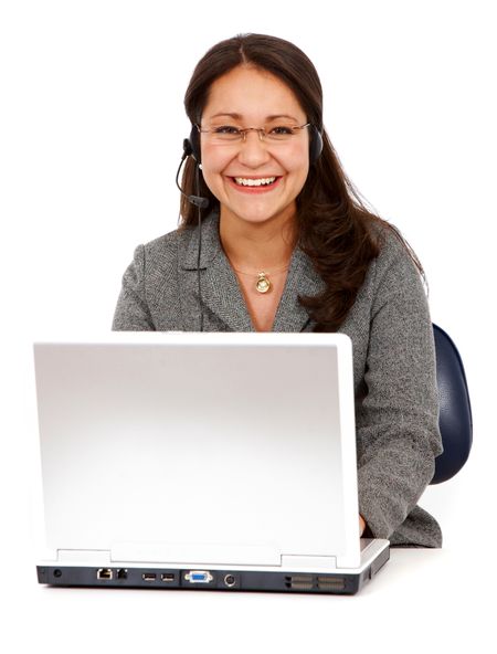 beautiful business customer service woman on a laptop - smiling isolated over a white background
