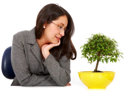 business woman looking after her bonsai tree hoping for fast growth isolated over a white background