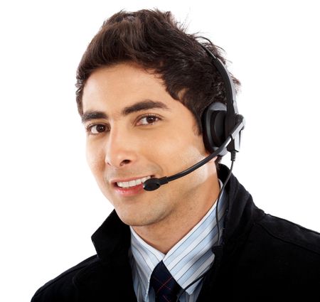 customer service representative man smiling isolated over a white background