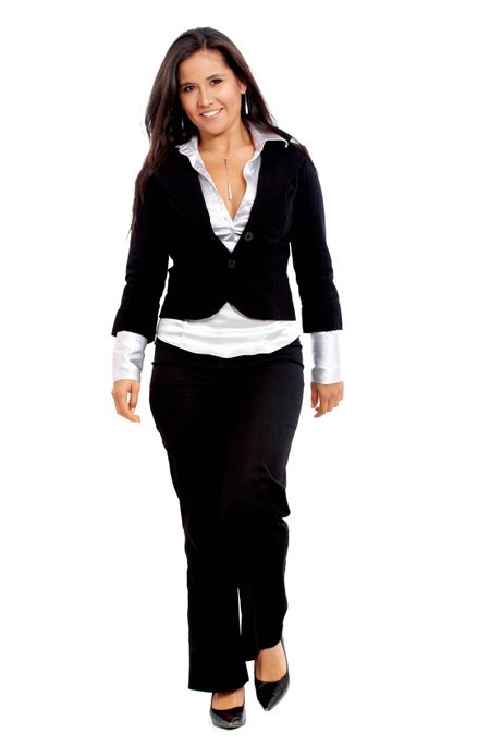 confident business woman walking wearing elegant clothes - isolated over a white background