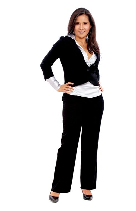 confident business woman standing wearing elegant clothes - isolated over a white background