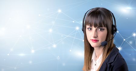 Young female telemarketer with blue background and connectivity concept