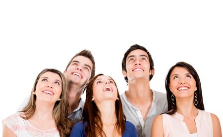 Group of people looking up - isolated over a white background