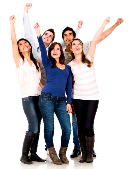 Excited group of people with arms up - isolated over a white background