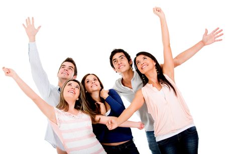 Happy group of friends with arms up - isolated over white