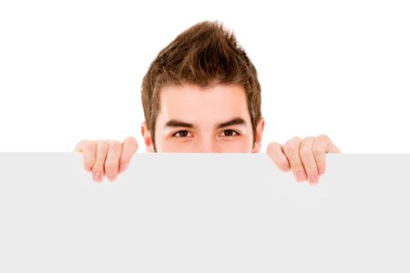 Man holding a banner and convering half his face - isolated over white