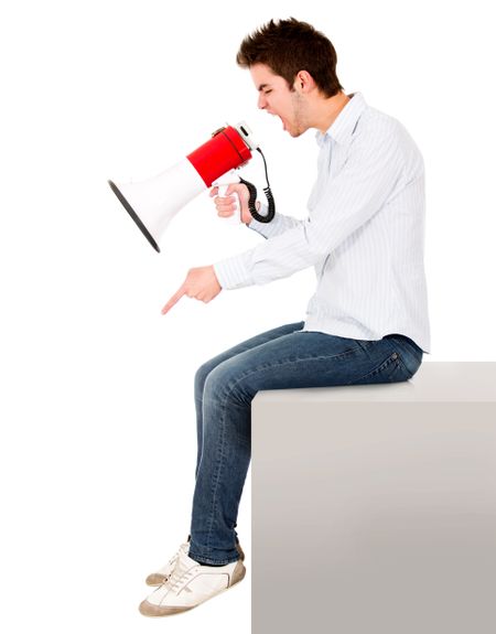 Man yelling with a megaphone - isolated over a white background