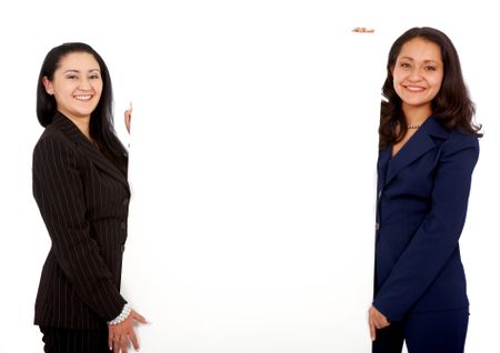 business women holding a banner add isolated over a white background