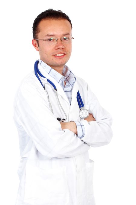 man doctor smiling isolated over a white background