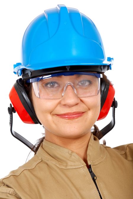female industrial worker smiling portrait - isolated over a white background