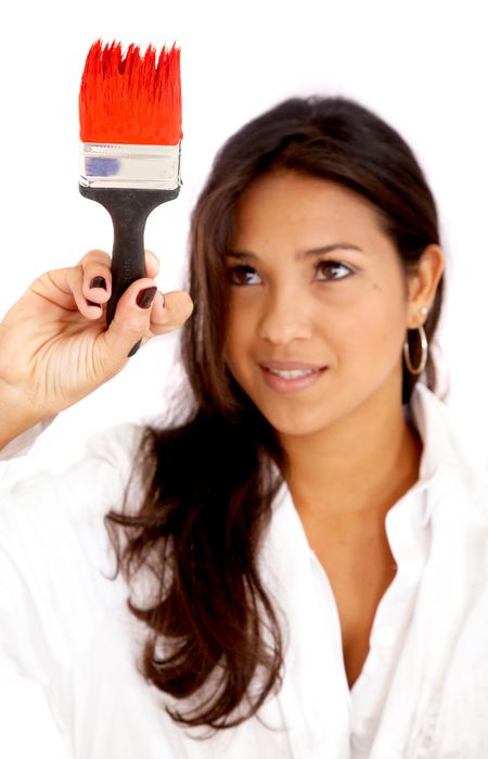 artist woman with a red brush painting the screen isolated over a white background