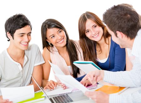 Group of young people studying together - isolated over a white background