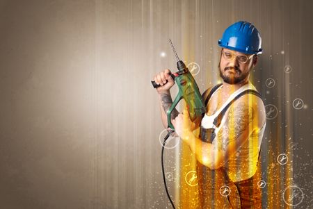 Manual worker with wrench symbols and tool.