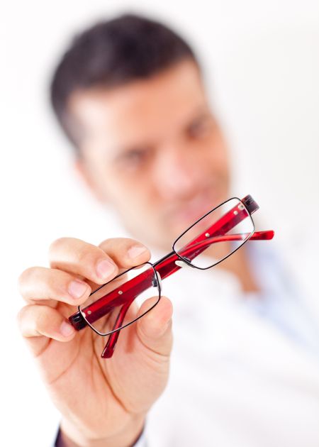 Man holding glasses - isolated over a white background