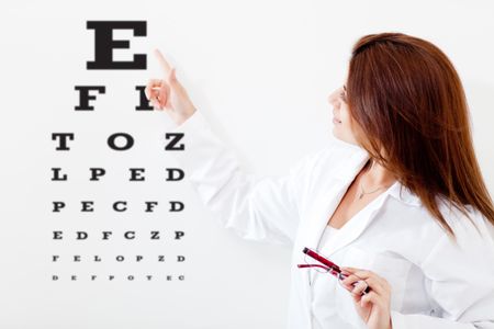 Female eye doctor making a vision test with letters on a board