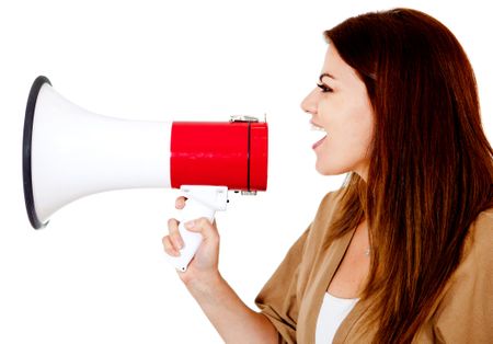 Woman talking through a megaphone - isolated over a white background