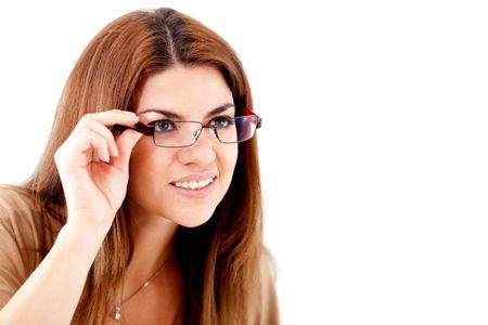 Woman struggling to see and wearing glasses - isolated over white