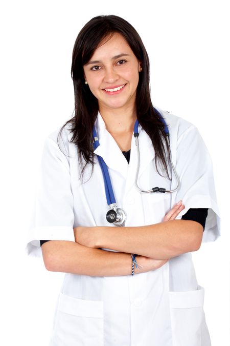 friendly woman doctor smiling isolated over a white background