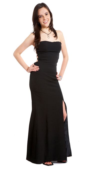 elegant woman wearing an evening dress isolated over a white background