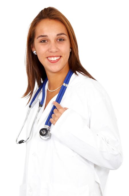 friendly woman doctor smiling isolated over a white background