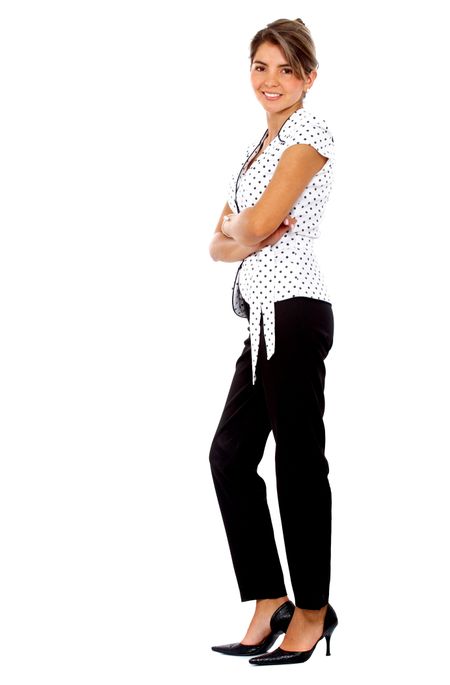 confident business woman standing wearing elegant clothes - isolated over a white background