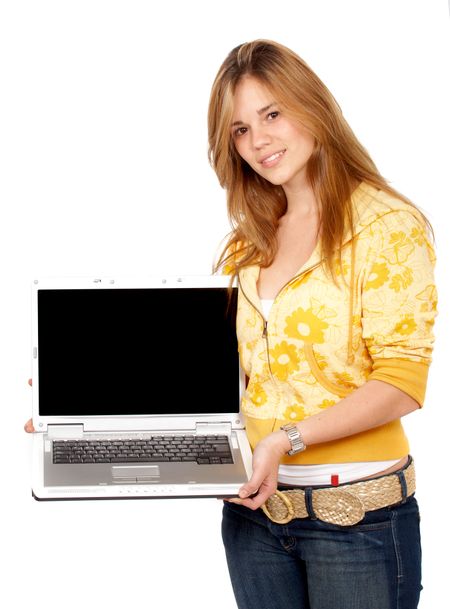 casual woman displaying a laptop computer - isolated over a white background