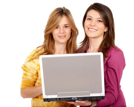 casual girls smiling with a laptop computer isolated over a white background