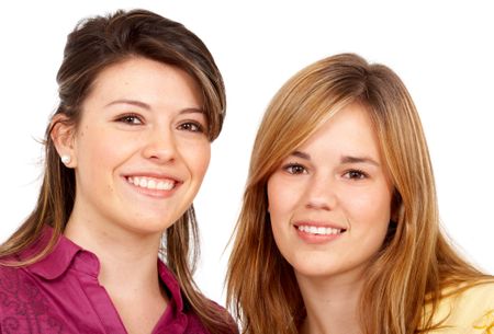 teenage girls smiling in a portrait isolated over a white background