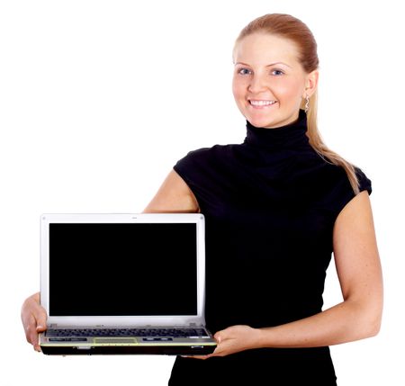 Business woman typing on a laptop computer - isolated over a white background