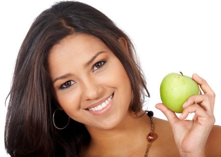 casual woman with an apple isolated over a white background