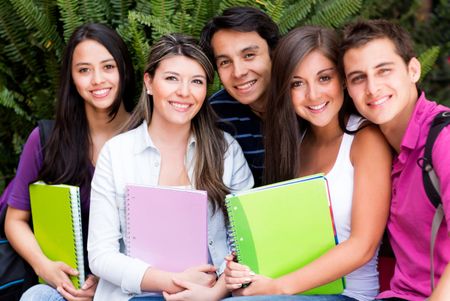 Group of friends at uni looking happy