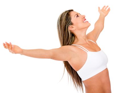 Woman in her underwear enjoying her freedom - isolated over a white background