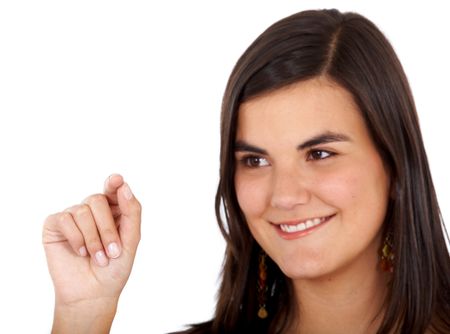 casual woman pressing or pointing something on the screen isolated over a white background