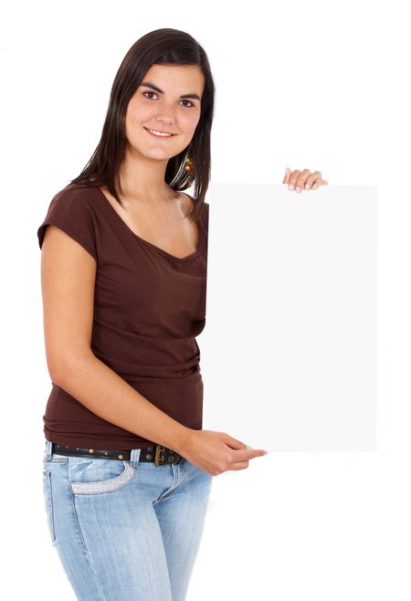 casual woman displaying a banner add isolated over a white background
