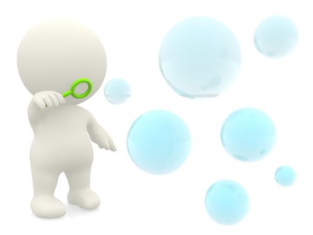 3D character blowing soap bubbles - isolated over a white background