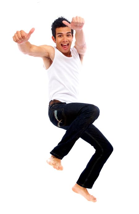 happy man jumping of success isolated over a white background